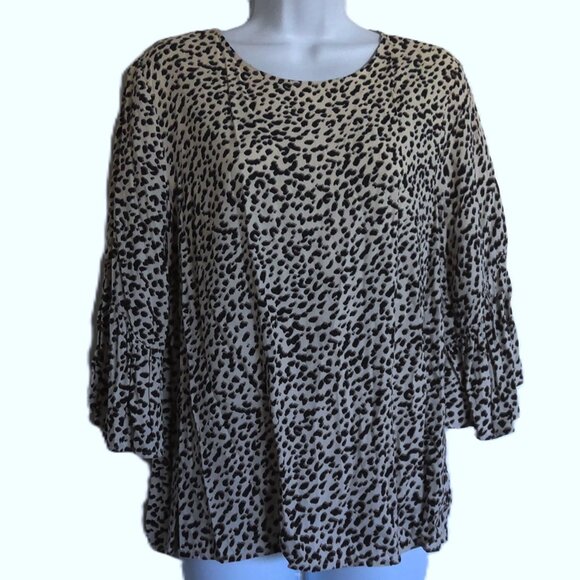 H&M Cheetah Print Top Keyhole Back 3/4 Bell Sleeves Beige Black Brown EUC Sz 12 - Picture 1 of 6